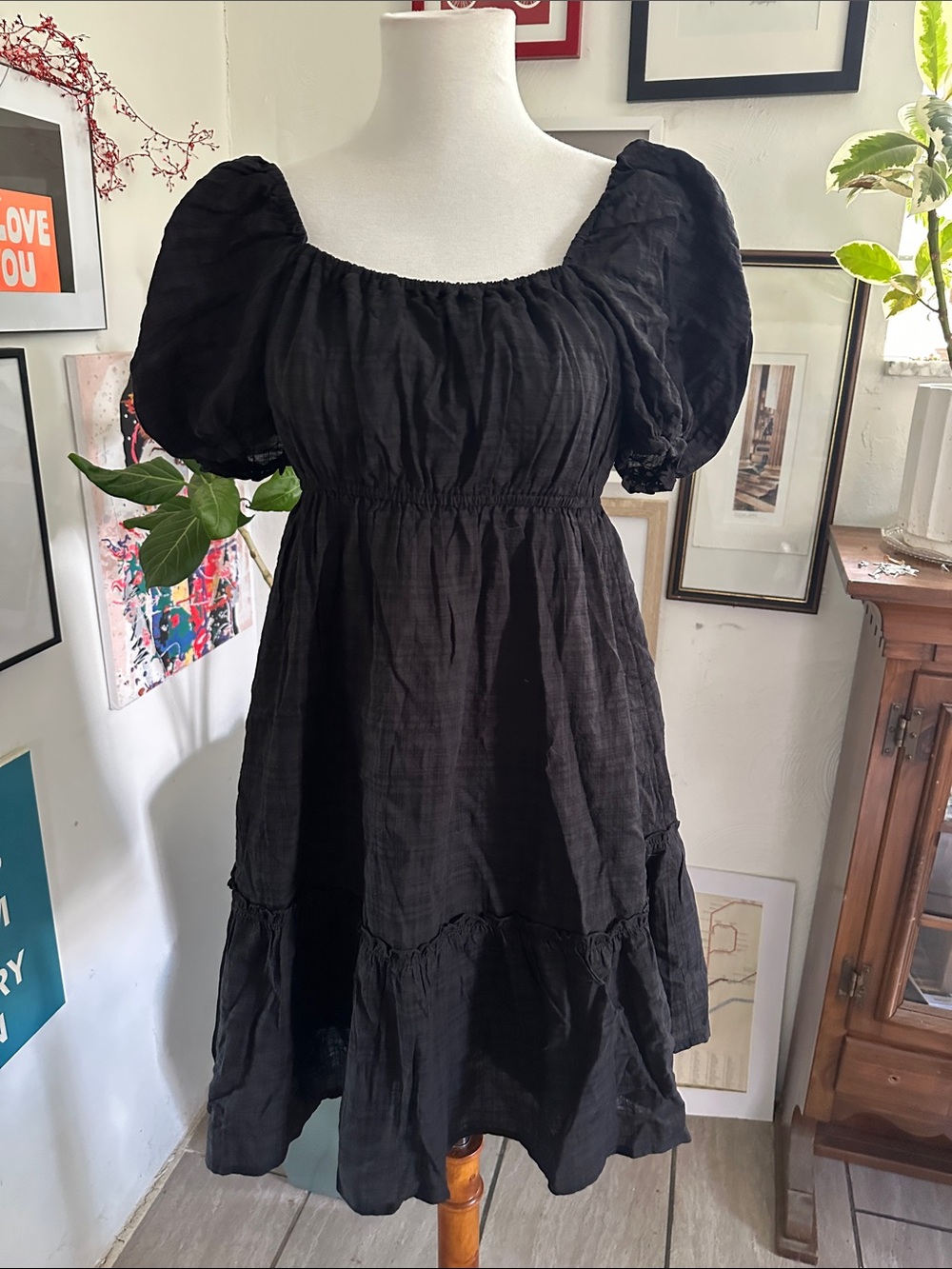 H&M Black Baby Doll Puff-Sleeve Square-Neck Mini Dress Small NWT